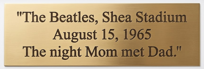 Engraved silver nameplate reading "Paris, Spring 2018, Hotel d'Aubusson, The trip we took before the kids."