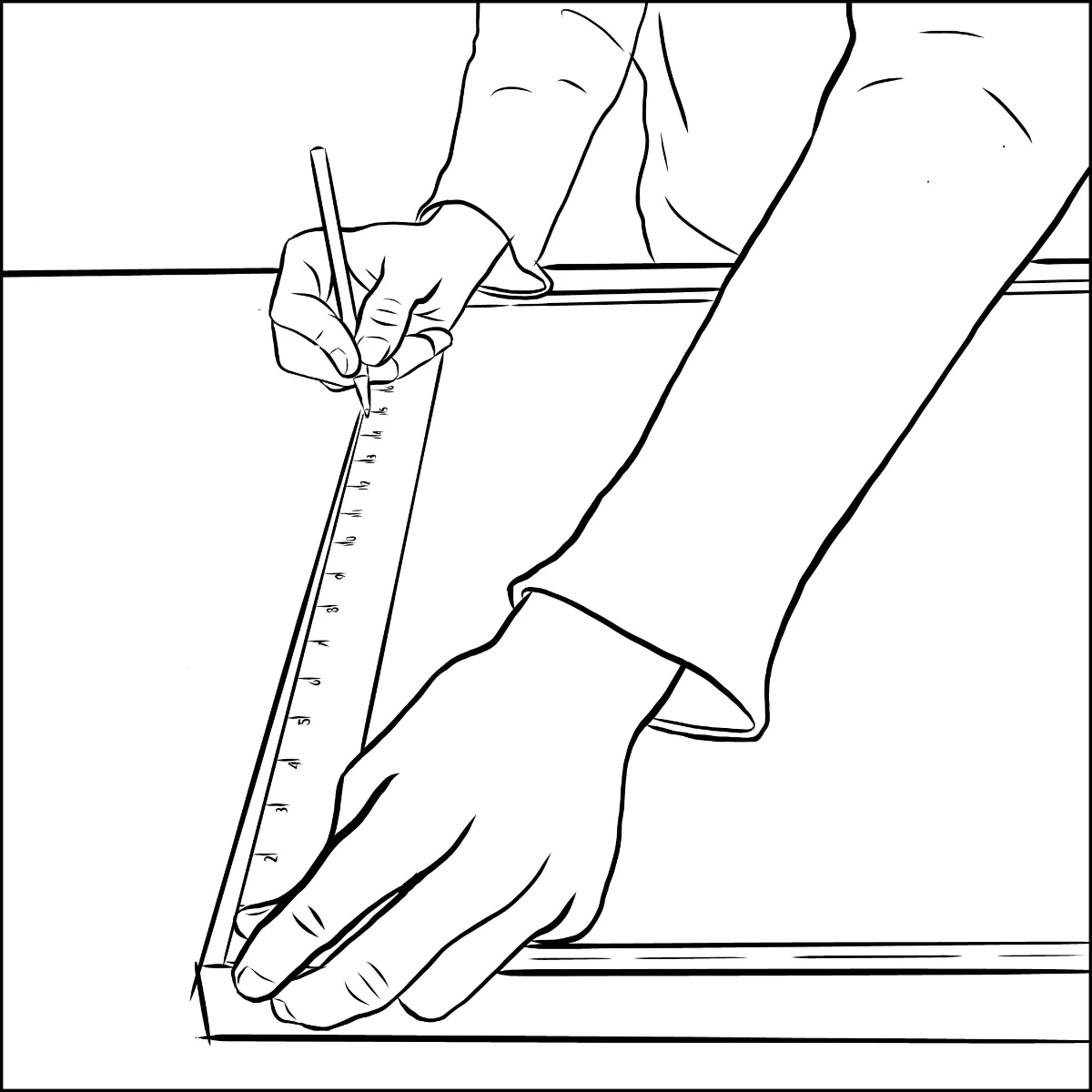 A hand holding a measuring tape against the side rail of a picture frame back, marking a point about one-third of the way down from the top edge for the D-ring screw position.