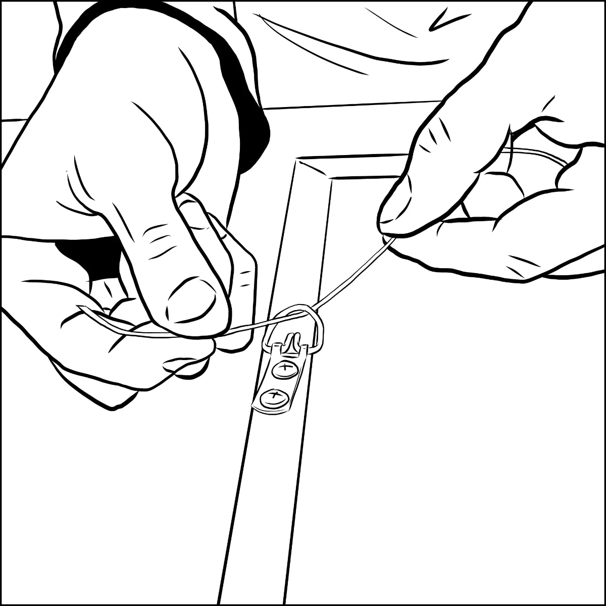 A hand threading picture wire through the first D-ring on the back of a picture frame, with about two inches of slack pulled through for wrapping.