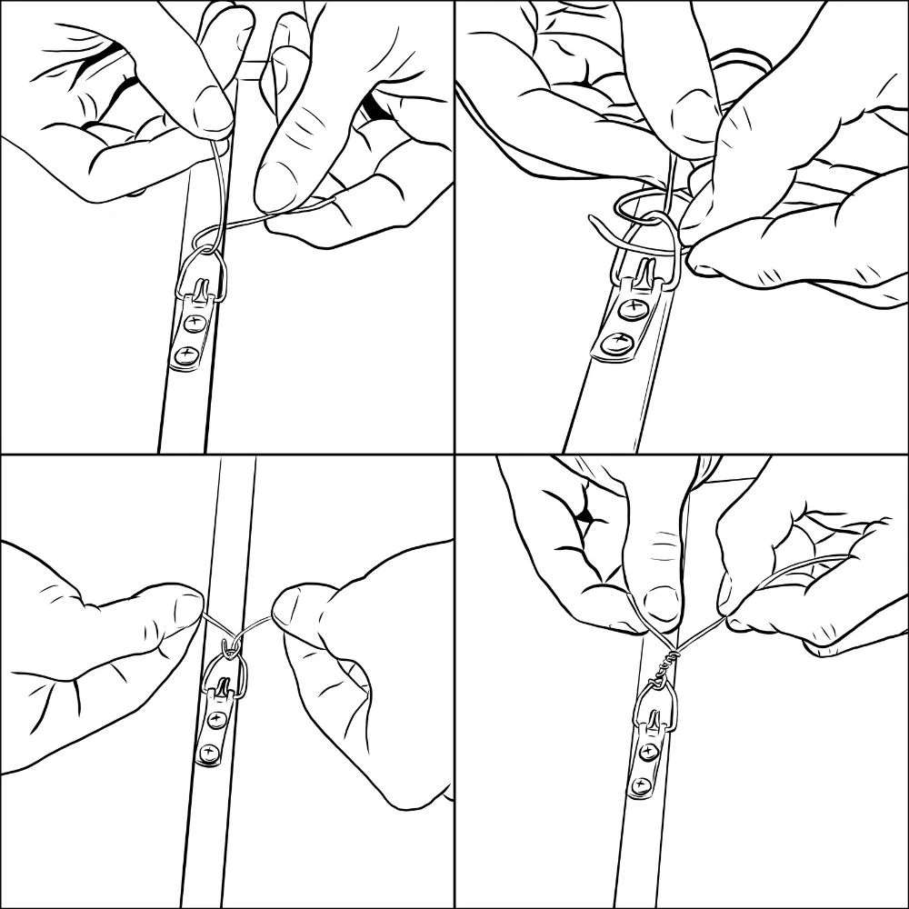 A four-panel line illustration of the wire-securing technique: top-left, the wire is threaded up through the D-ring; top-right, the tail is looped back through the ring a second time; bottom-left, the tail wraps around the main wire; bottom-right, the wrap is pulled tight to lock the wire in place.