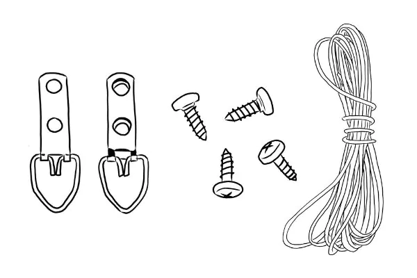 A flat-lay of the standard D-ring hanging hardware kit: two metal D-rings, four small Phillips screws, and a coiled length of braided picture wire on a white background.
