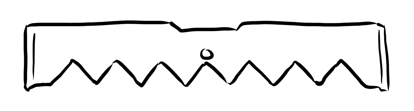 A line illustration of a sawtooth hanger: a flat metal strip with serrated teeth along the bottom edge and a small center hole at the top.