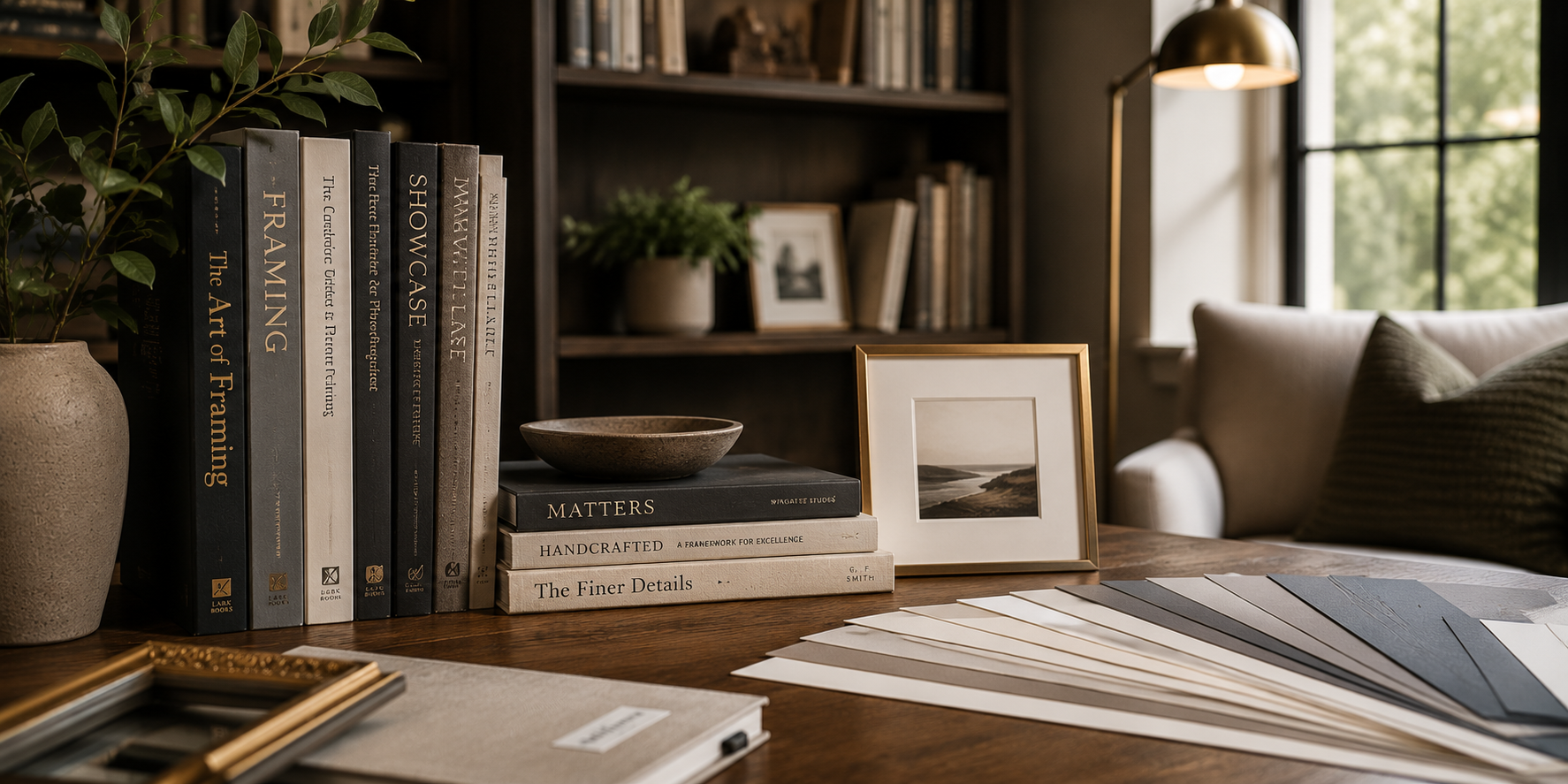 A styled framing library scene: a row of design and framing reference books leaning against a vase, a small gold-framed landscape print on a wooden desk, a fan of mat board color swatches, and a framed art print in soft warm light from a nearby window.